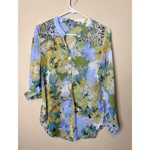 NWT'S Figueroa & Flower Small Blue Floral Sheer Blouse Blue Roll Tab Sleeve